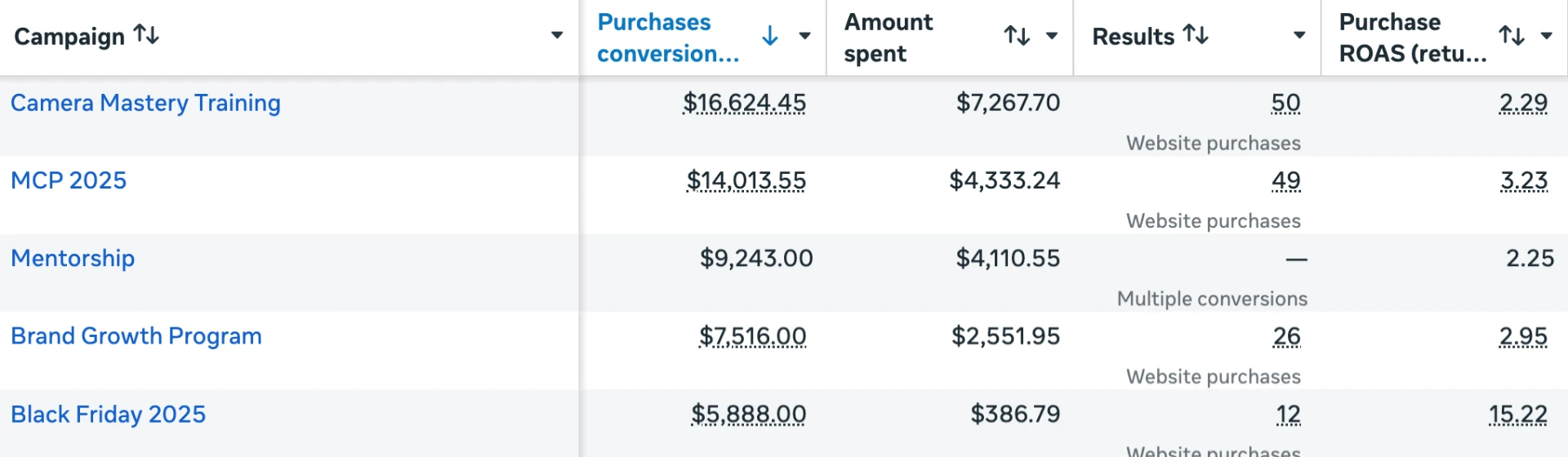 Meta Ads Manager showing live Facebook ad campaigns with conversions, spend and return on ad spend